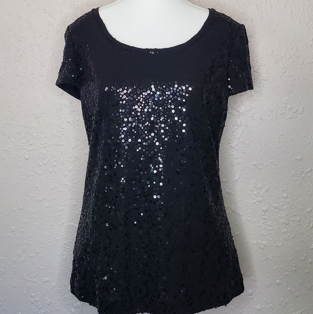 Lafayette 148 New York Black Sequin Short Sleeve Top